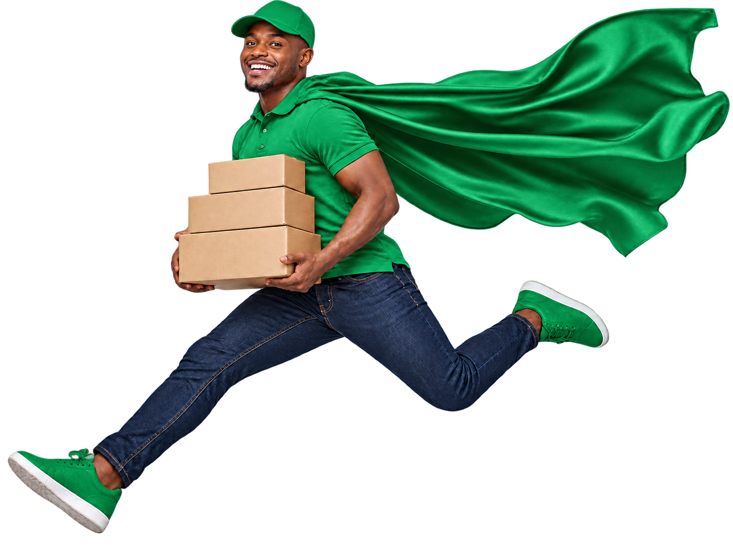 A smiling courier leaping with parcels and a flowing red superhero cape