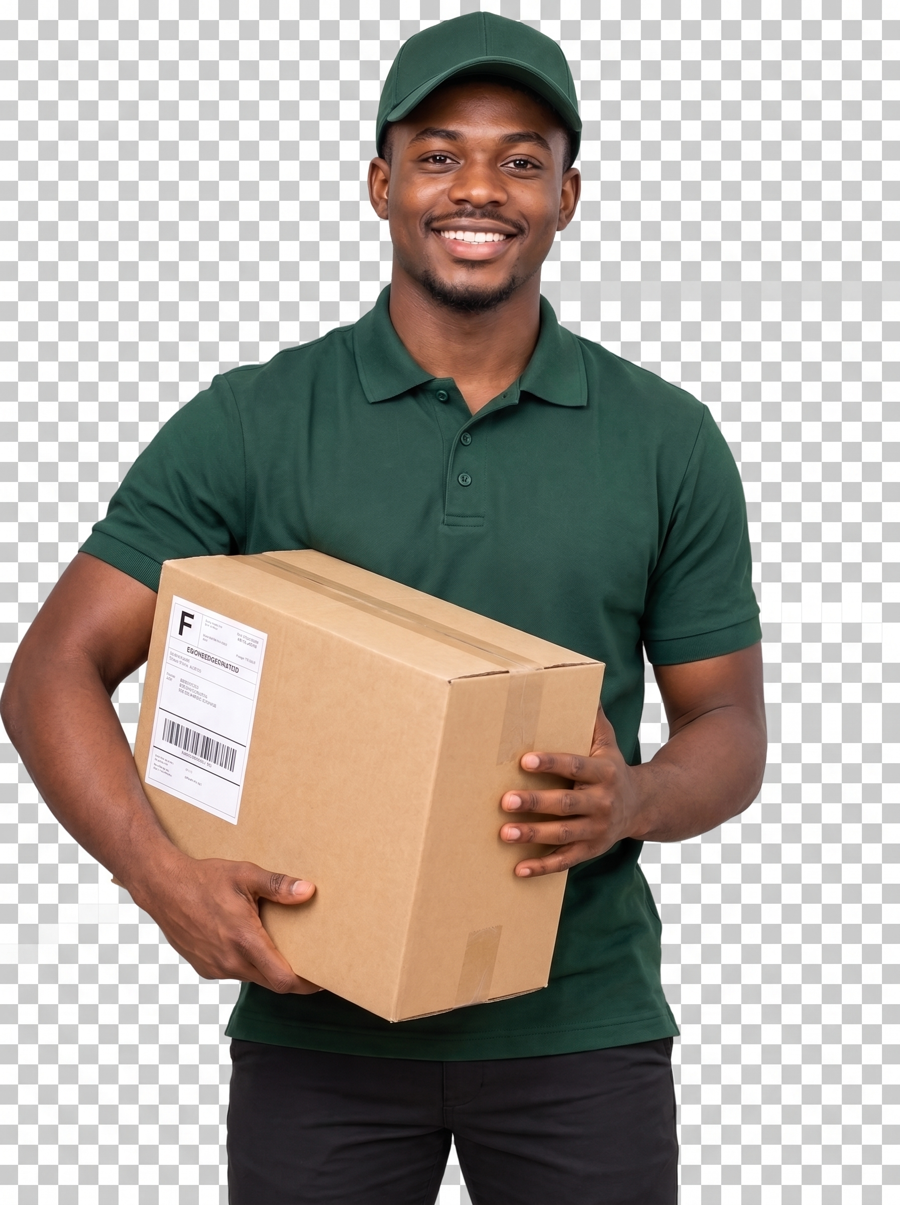 A smiling SPISLY courier carrying shopping bags and a parcel